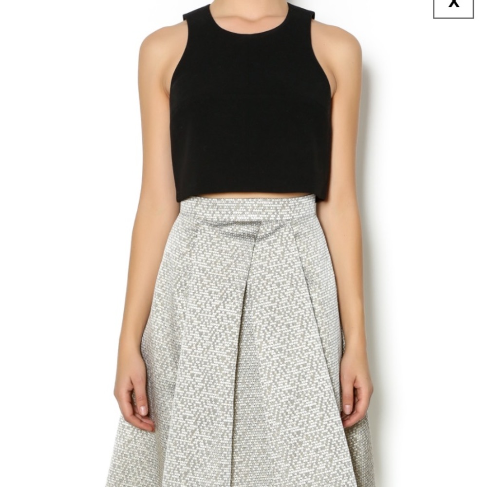 Black Halo black crop top and gold Minya skirt.